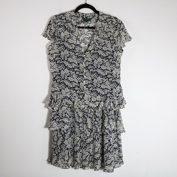 Lauren Ralph Lauren Silk 2 Piece Set Blouse Midi Skirt Floral Ruffle Tiered 8 - Picture 1 of 12